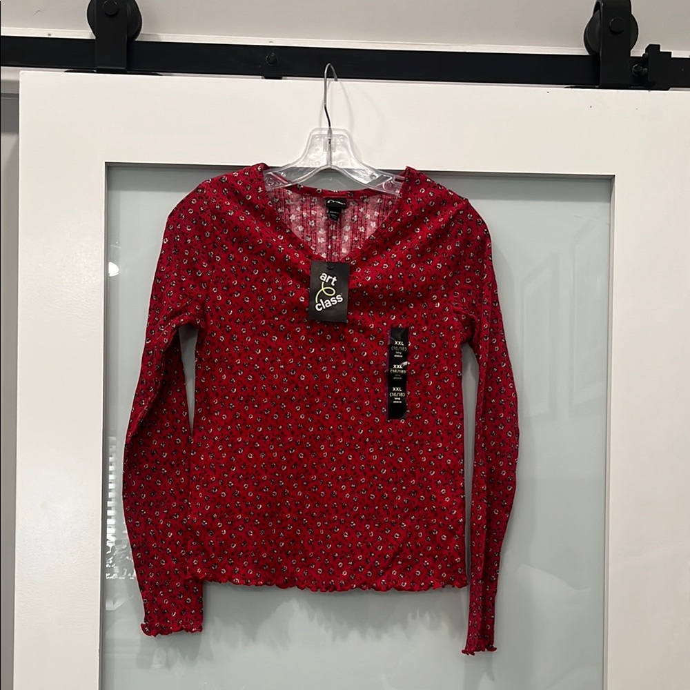 Art Class Vibrant Red Flower Patterned Ling Sleeve Top, Size 16/18